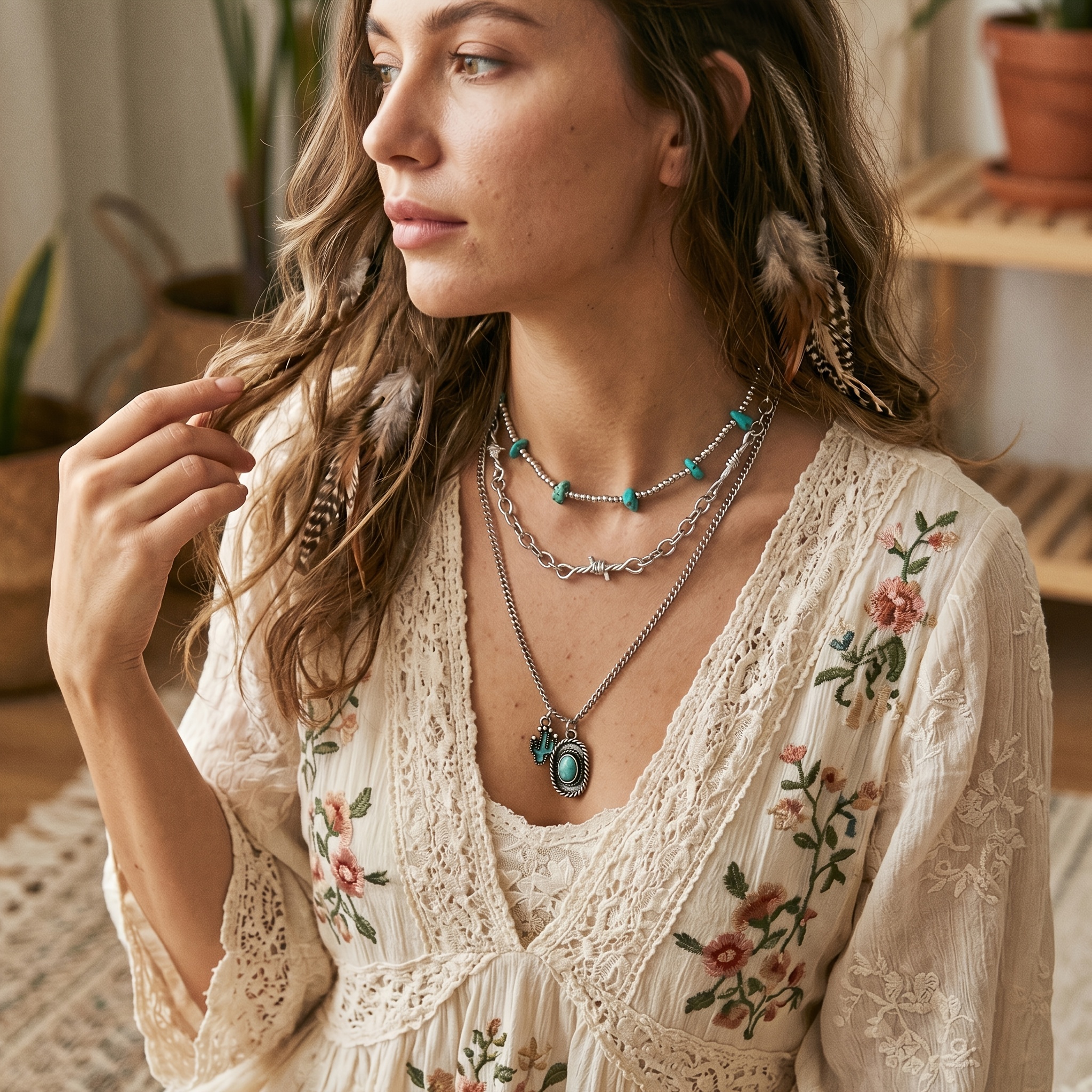 Western Cowboy Style Triple-Layer Turquoise Necklace for Women